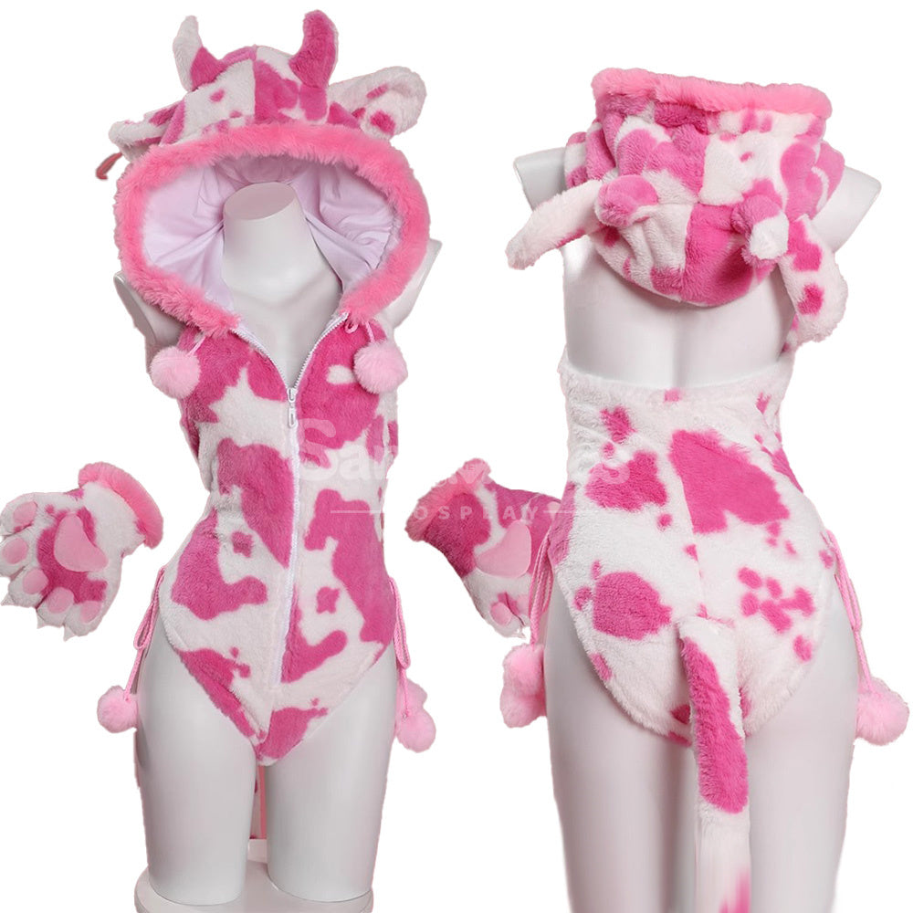 White And Pink Cow Cosplay Cute Paw Plush Jumpsuit Cosplay Costume