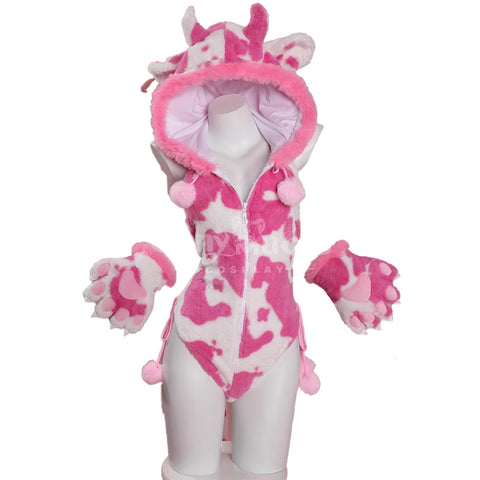 White And Pink Cow Cosplay Cute Paw Plush Jumpsuit Cosplay Costume