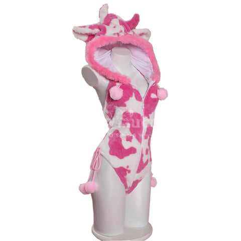 White And Pink Cow Cosplay Cute Paw Plush Jumpsuit Cosplay Costume