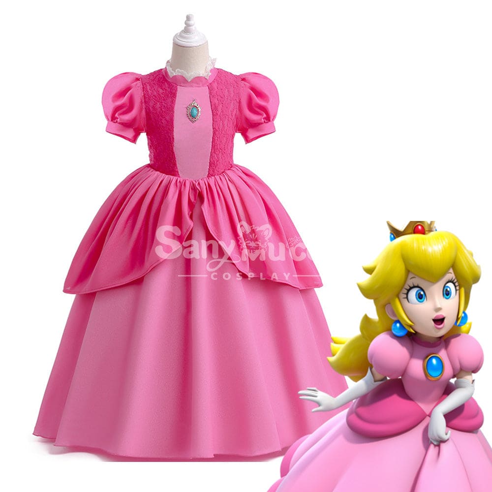 Anime Movie The Super Mario Bros. Cosplay Kid Size Princess Peach Pink Costume Costumes