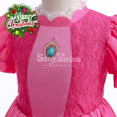 Anime Movie The Super Mario Bros. Cosplay Kid Size Princess Peach Pink Costume Costumes