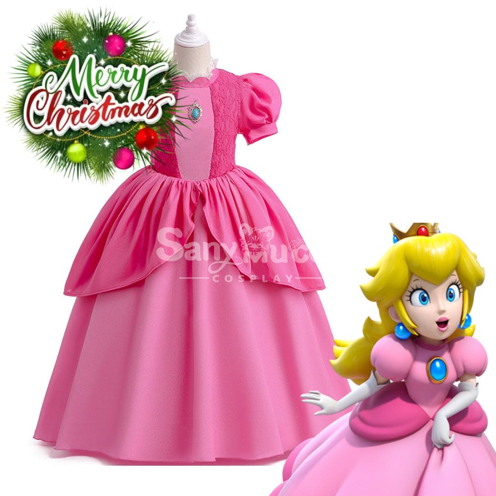 Anime Movie The Super Mario Bros. Cosplay Kid Size Princess Peach Pink Costume Costumes