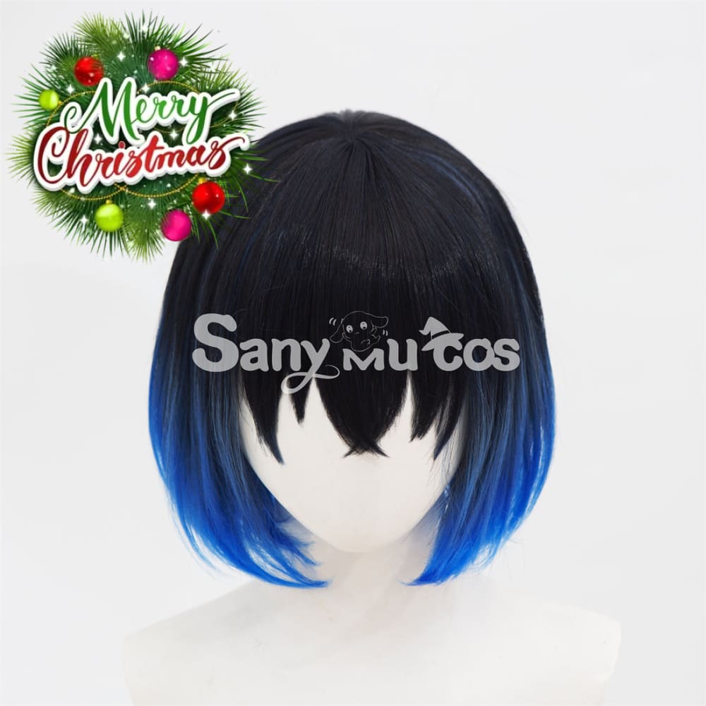 Anime Demon Slayer Cosplay Hashibira Inosuke Black mixed Blue Short Cosplay Wig