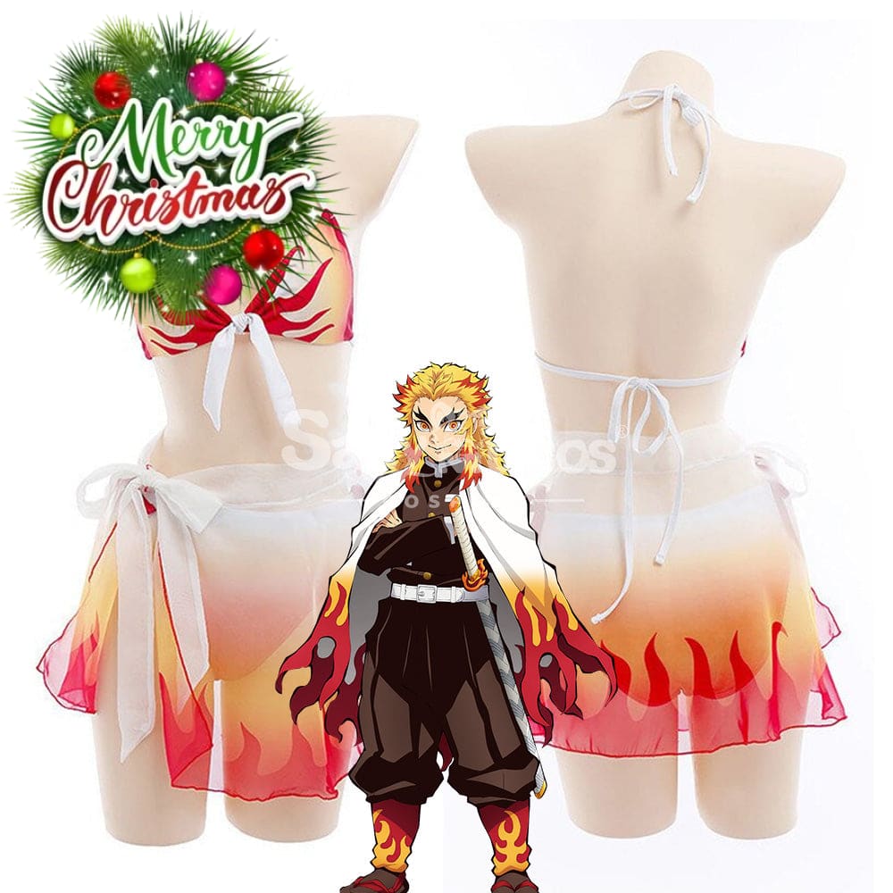 【In Stock】Anime Demon Slayer Cosplay Kyojuro Rengoku Bikini Swimsuit Costume Costumes