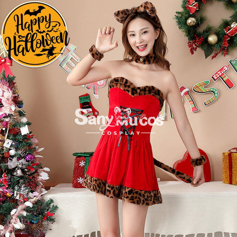 【In Stock】Christmas Cosplay Leopard Print Red Dress Costume Costumes