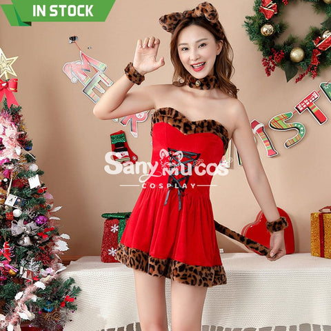 【In Stock】Christmas Cosplay Leopard Print Red Dress Costume Costumes