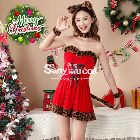 【In Stock】Christmas Cosplay Leopard Print Red Dress Costume Costumes