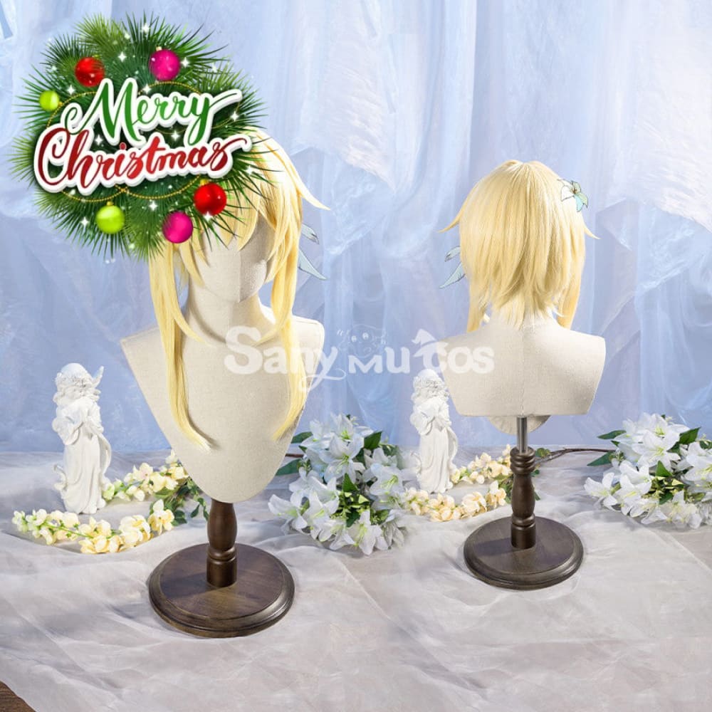 Game Genshin Impact Female Traveler Lumine Cosplay Wig Gold Short Hair