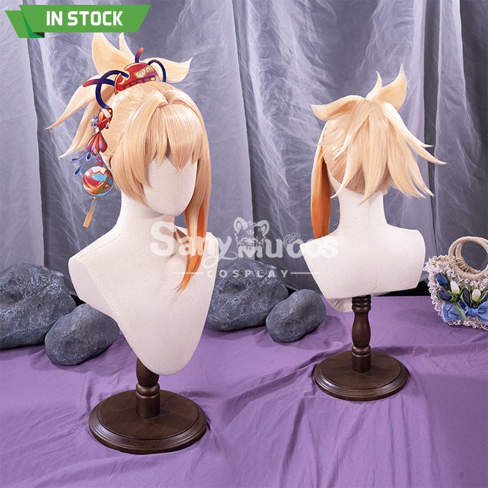 【In Stock】Game Genshin Impact Naganohara Yoimiya Blond And Golden Ponytail Medium Cosplay Wig Wigs