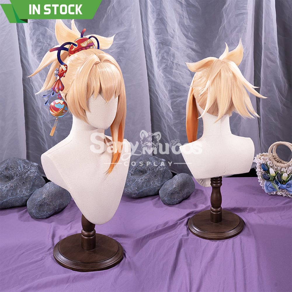 【In Stock】Game Genshin Impact Naganohara Yoimiya Blond And Golden Ponytail Medium Cosplay Wig Wigs