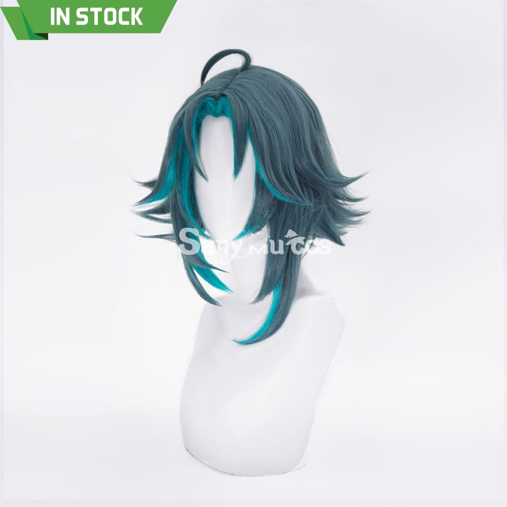 Game Genshin Impact Xiao Short Dark Green Blue Hair Cosplay Wig