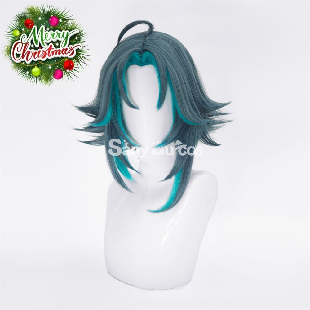 Game Genshin Impact Xiao Short Dark Green Blue Hair Cosplay Wig