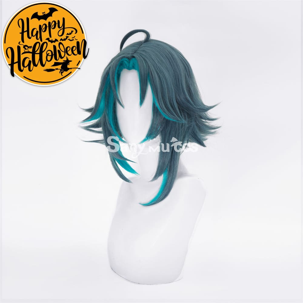 Game Genshin Impact Xiao Short Dark Green Blue Hair Cosplay Wig