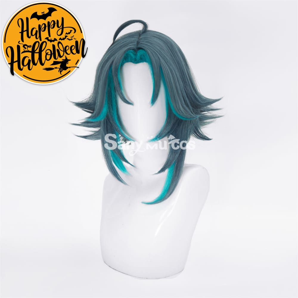 Game Genshin Impact Xiao Short Dark Green Blue Hair Cosplay Wig
