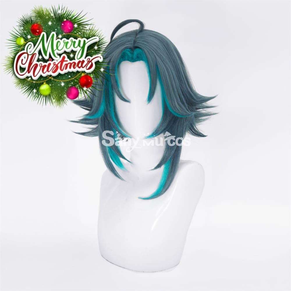 Game Genshin Impact Xiao Short Dark Green Blue Hair Cosplay Wig