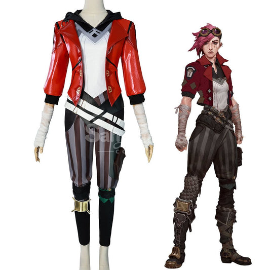 【In Stock】Game League Of Legends Arcane Cosplay Vi Red Leather Costume Plus Size Costumes 1000