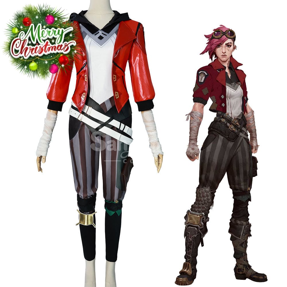 【In Stock】Game League Of Legends Arcane Cosplay Vi Red Leather Costume Plus Size Costumes
