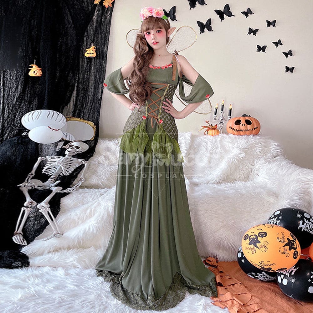 【In Stock】Halloween Cosplay Fairy Green Long Dress Stage Performance Costume Costumes