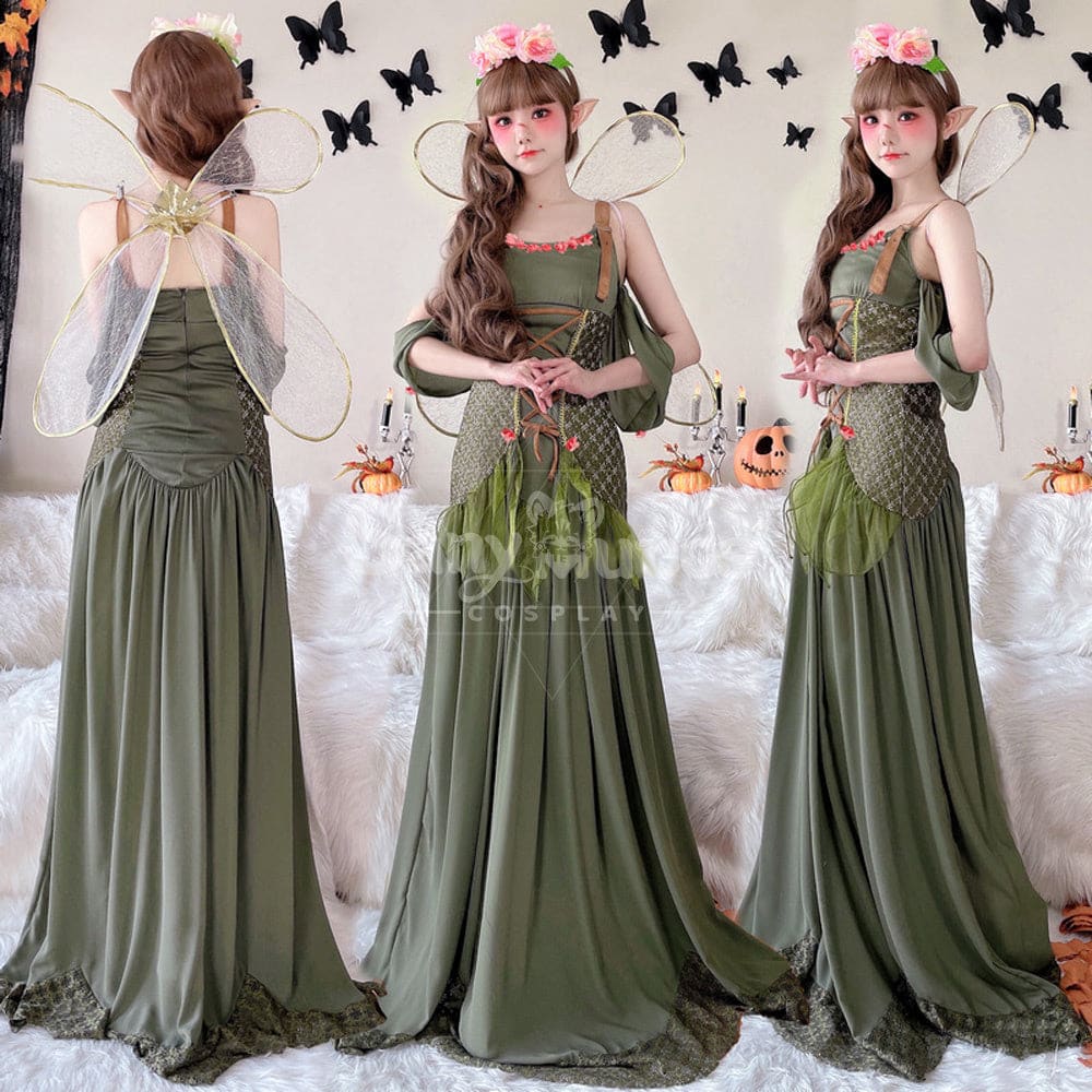 【In Stock】Halloween Cosplay Fairy Green Long Dress Stage Performance Costume Costumes