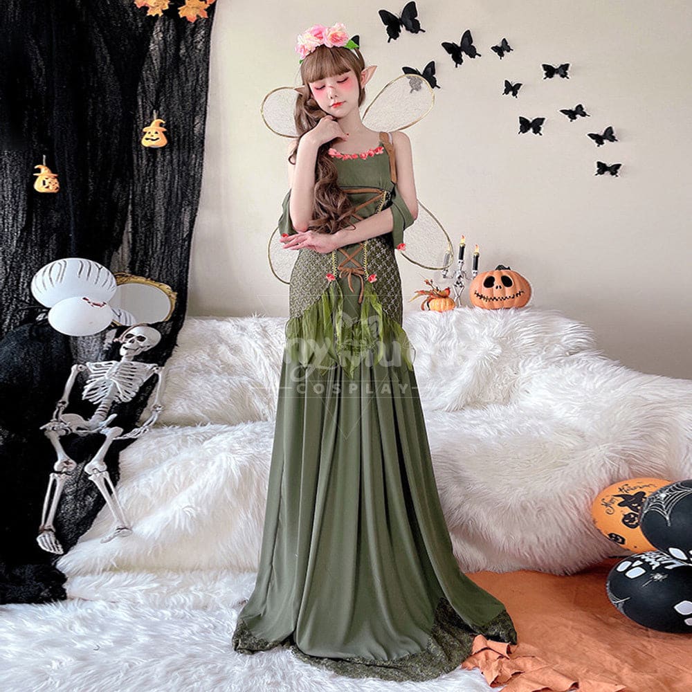 【In Stock】Halloween Cosplay Fairy Green Long Dress Stage Performance Costume Costumes