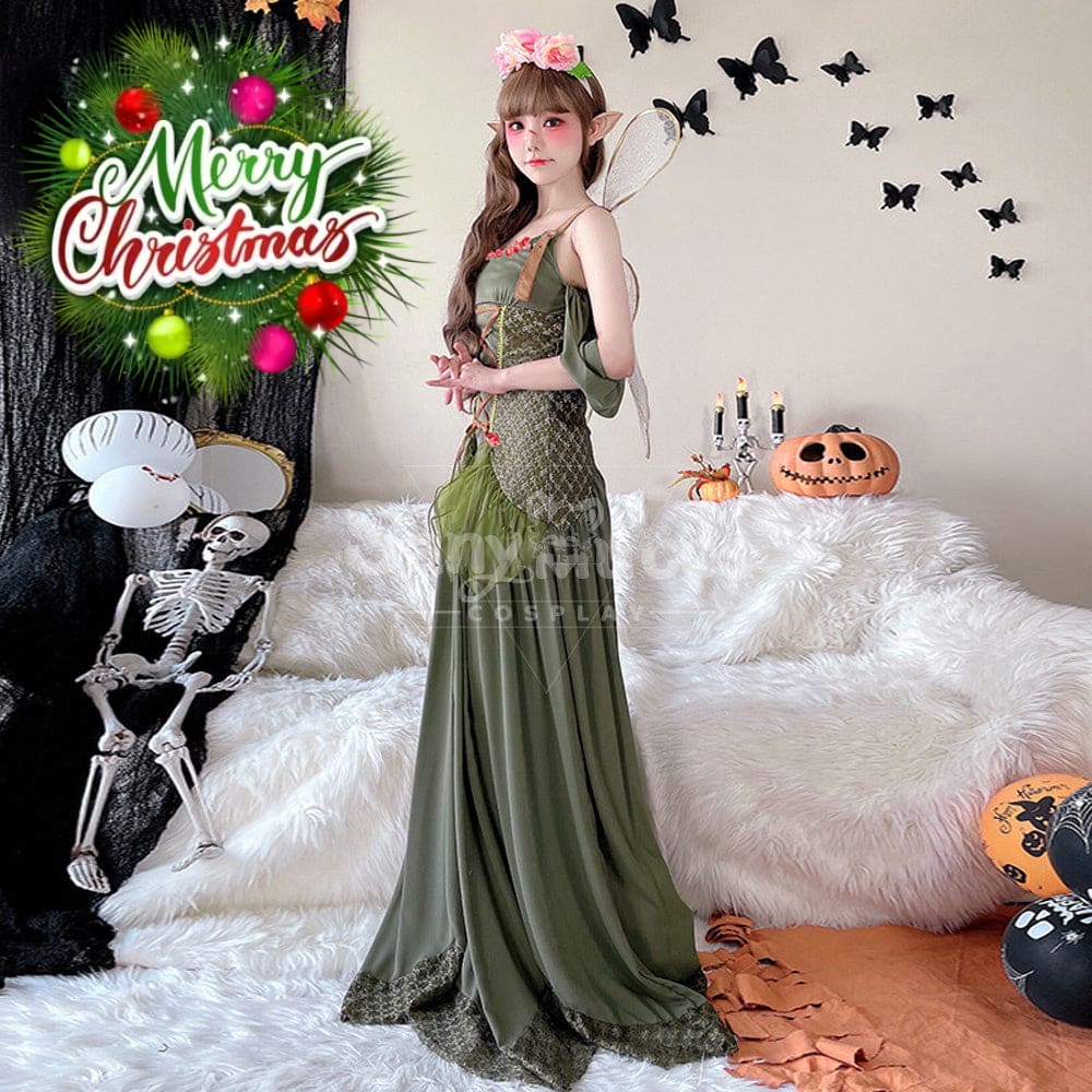 【In Stock】Halloween Cosplay Fairy Green Long Dress Stage Performance Costume Costumes