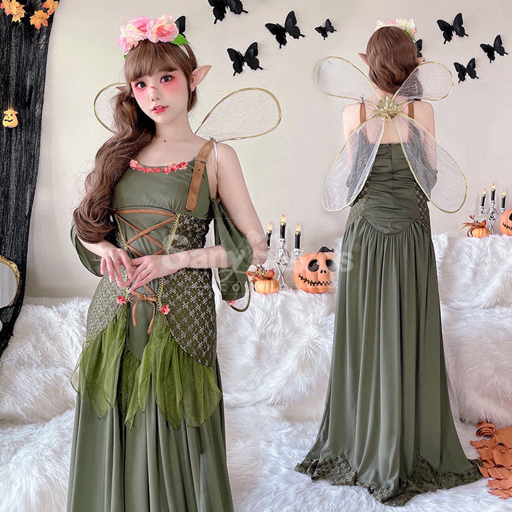 【In Stock】Halloween Cosplay Fairy Green Long Dress Stage Performance Costume Costumes