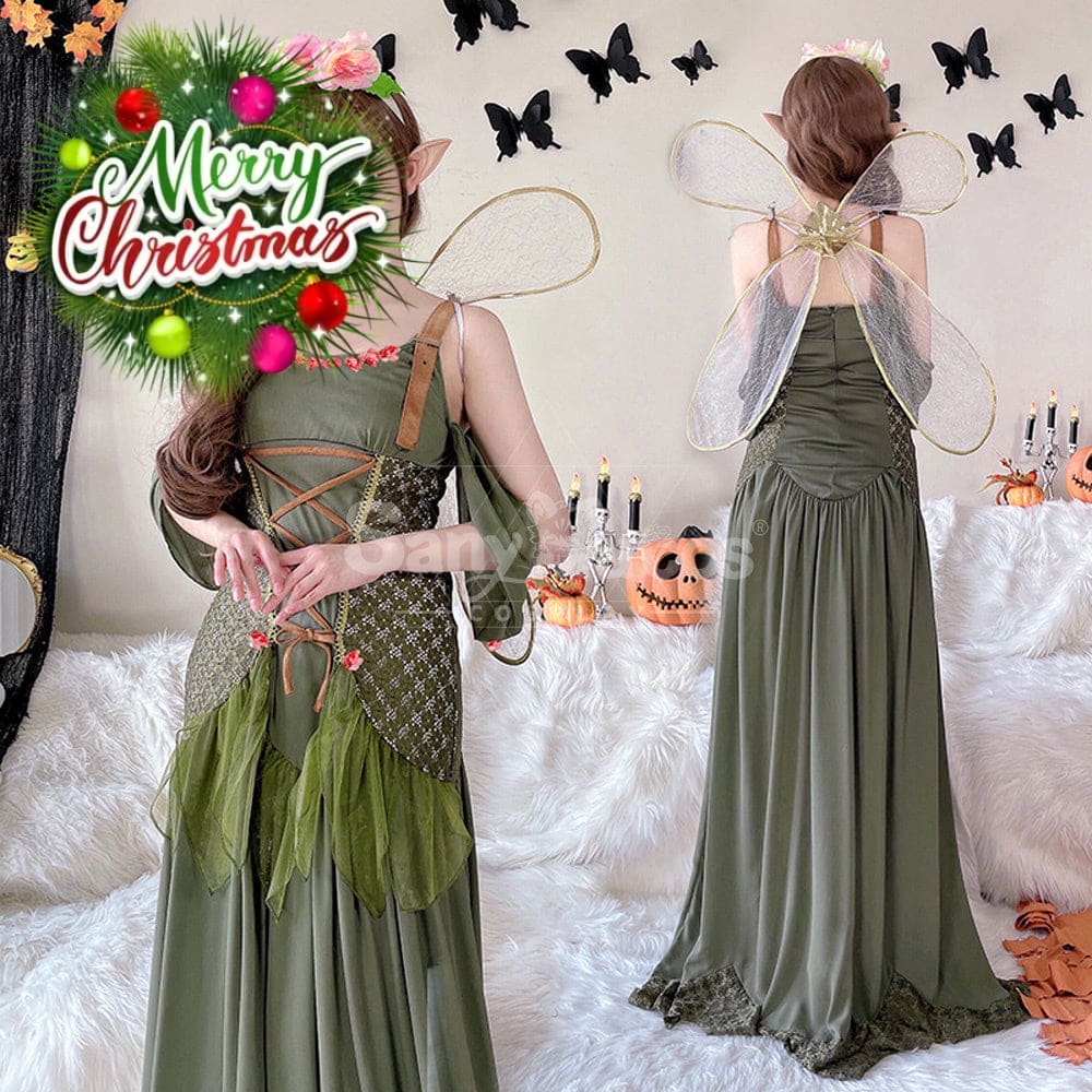 【In Stock】Halloween Cosplay Fairy Green Long Dress Stage Performance Costume Costumes