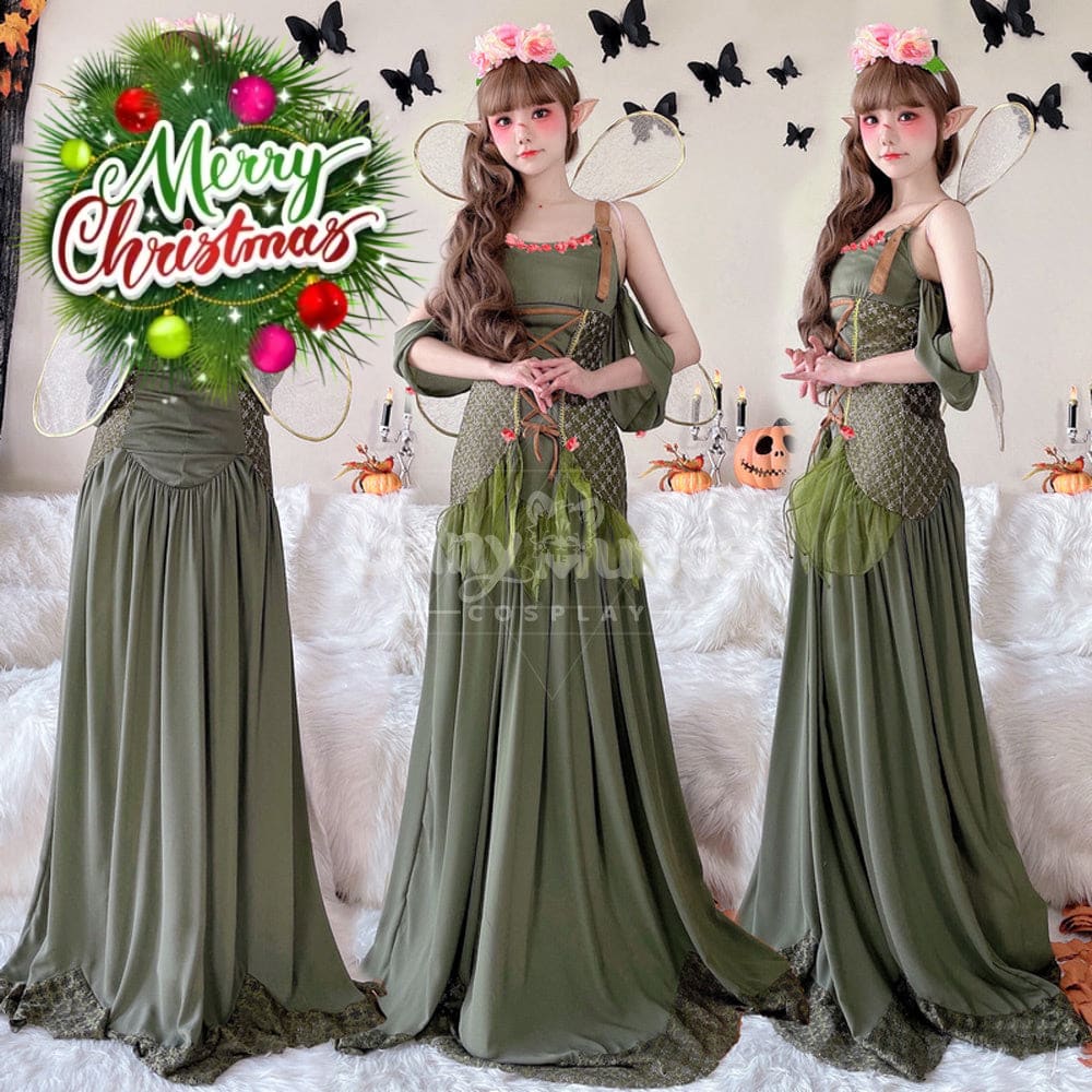 【In Stock】Halloween Cosplay Fairy Green Long Dress Stage Performance Costume Costumes