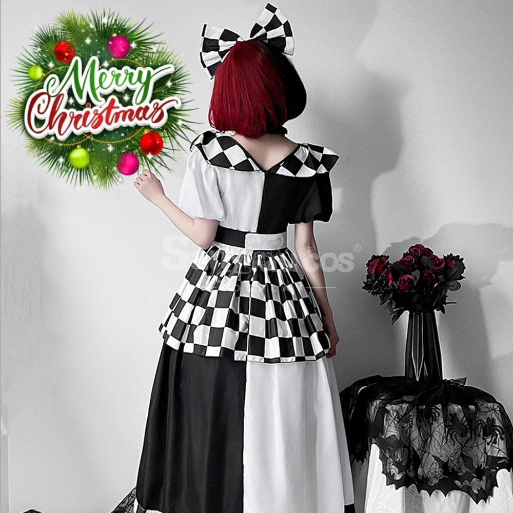 【In Stock】Halloween Cosplay Maid Black And White Plaid Dress Stage Performance Costume Costumes