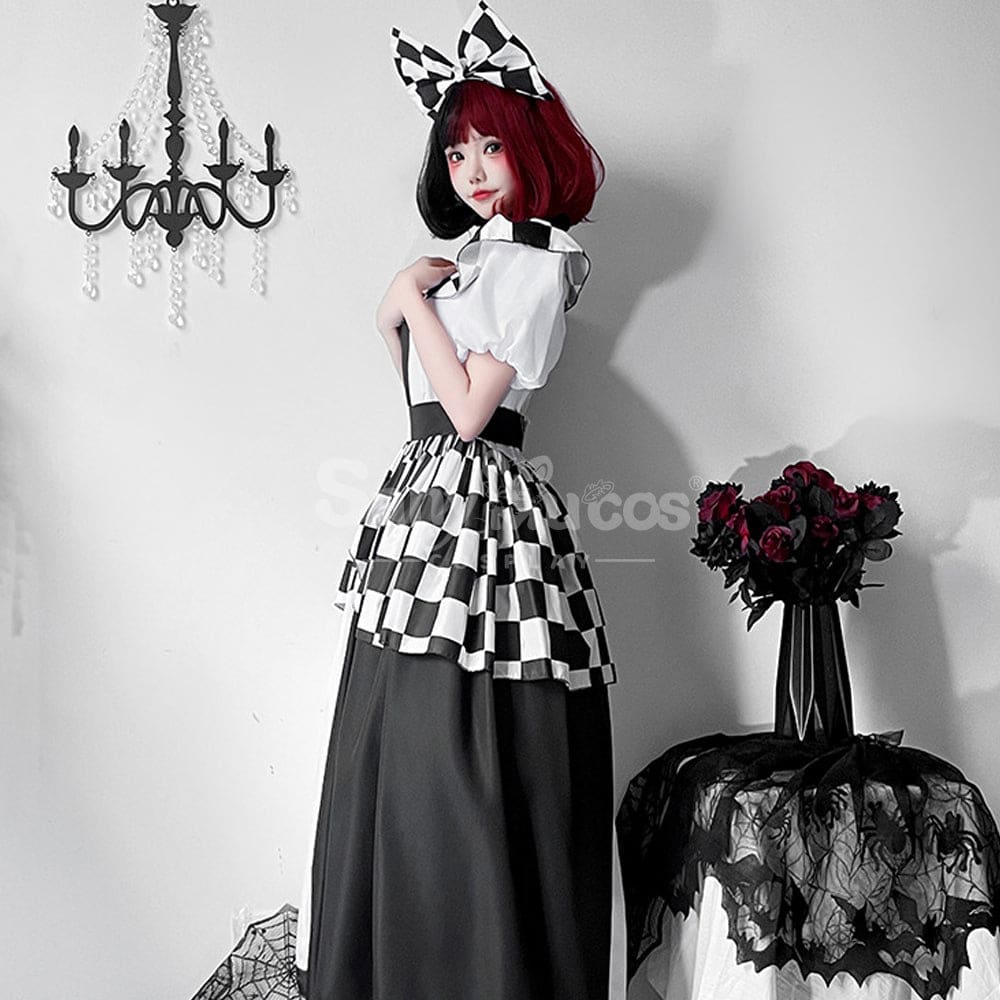 【In Stock】Halloween Cosplay Maid Black And White Plaid Dress Stage Performance Costume Costumes