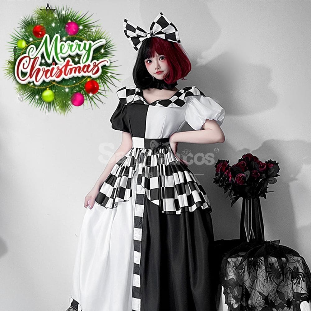 【In Stock】Halloween Cosplay Maid Black And White Plaid Dress Stage Performance Costume Costumes