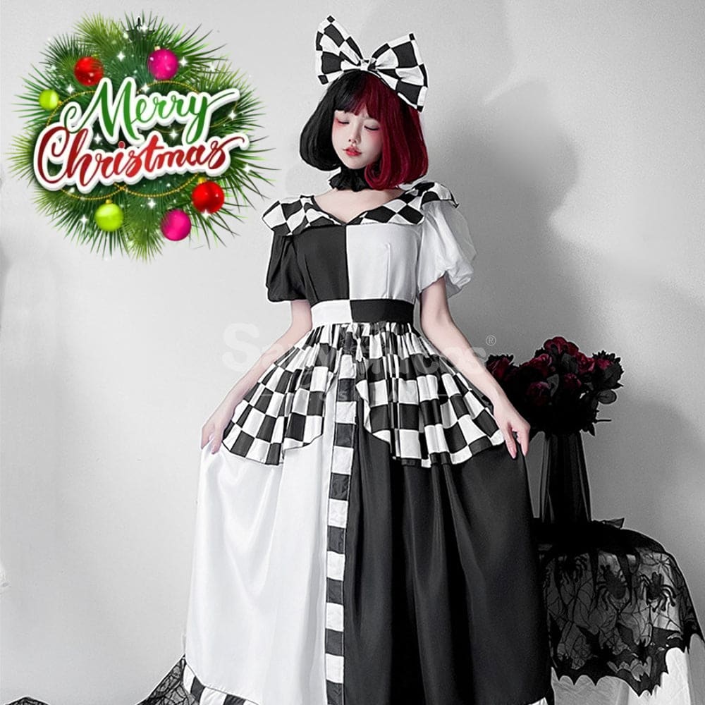 【In Stock】Halloween Cosplay Maid Black And White Plaid Dress Stage Performance Costume Costumes