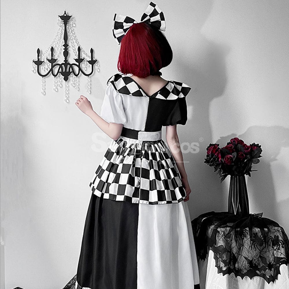 【In Stock】Halloween Cosplay Maid Black And White Plaid Dress Stage Performance Costume Costumes