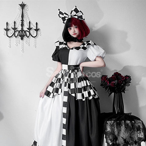 【In Stock】Halloween Cosplay Maid Black And White Plaid Dress Stage Performance Costume Costumes