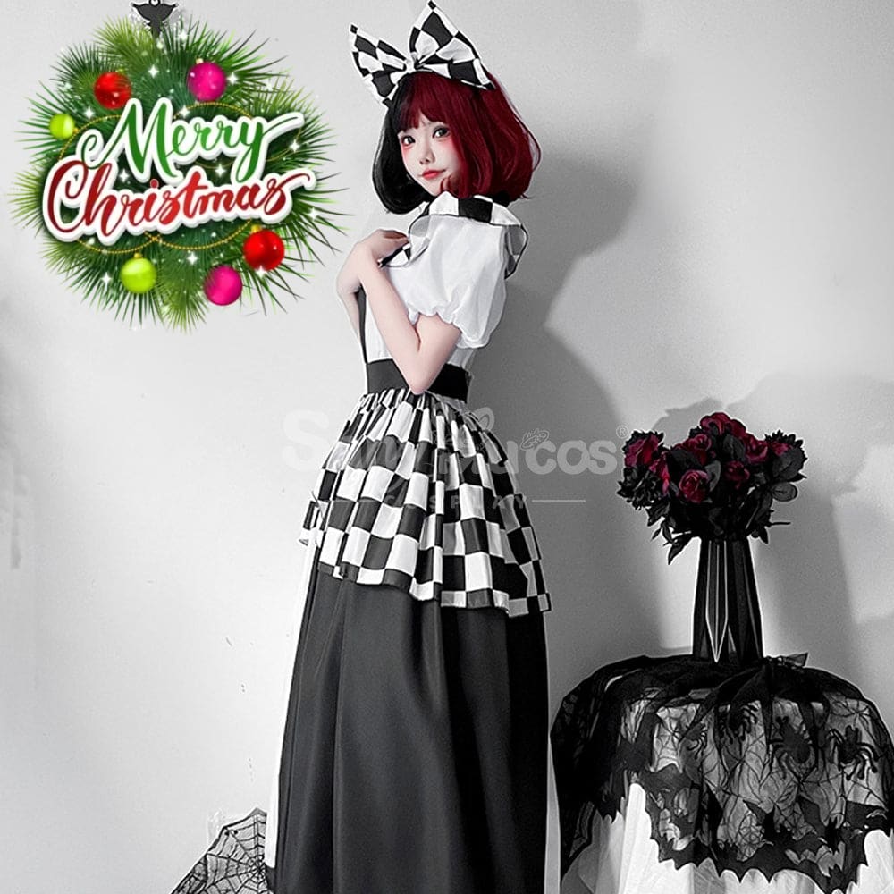 【In Stock】Halloween Cosplay Maid Black And White Plaid Dress Stage Performance Costume Costumes