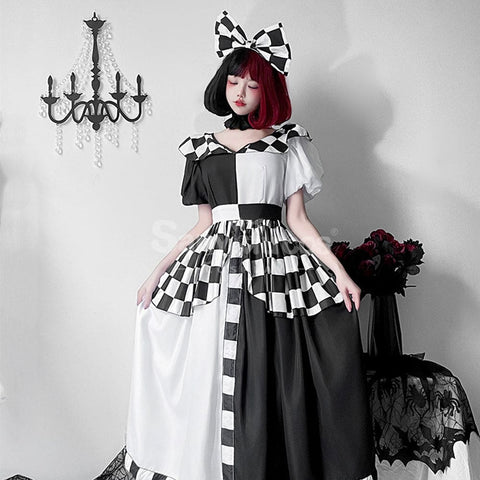 【In Stock】Halloween Cosplay Maid Black And White Plaid Dress Stage Performance Costume Costumes