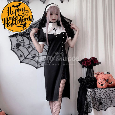 【In Stock】Halloween Cosplay Nun Gothic Black Dress Stage Performance Costume Costumes