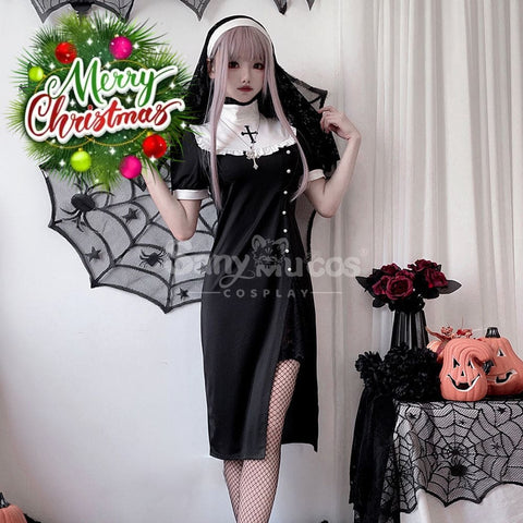 【In Stock】Halloween Cosplay Nun Gothic Black Dress Stage Performance Costume Costumes