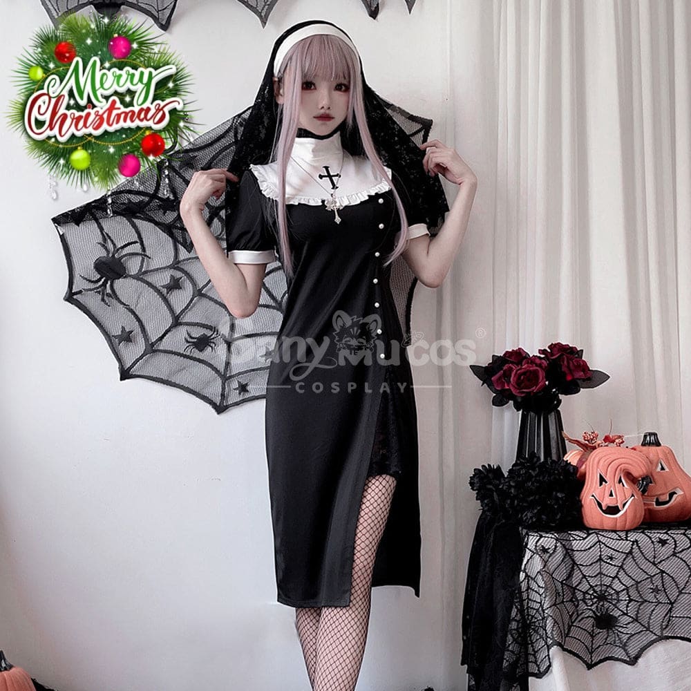 【In Stock】Halloween Cosplay Nun Gothic Black Dress Stage Performance Costume Costumes