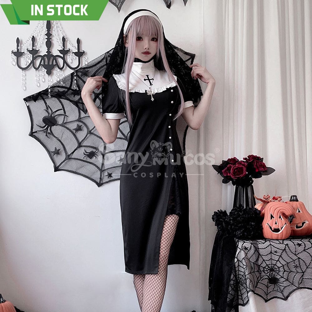 【In Stock】Halloween Cosplay Nun Gothic Black Dress Stage Performance Costume Costumes