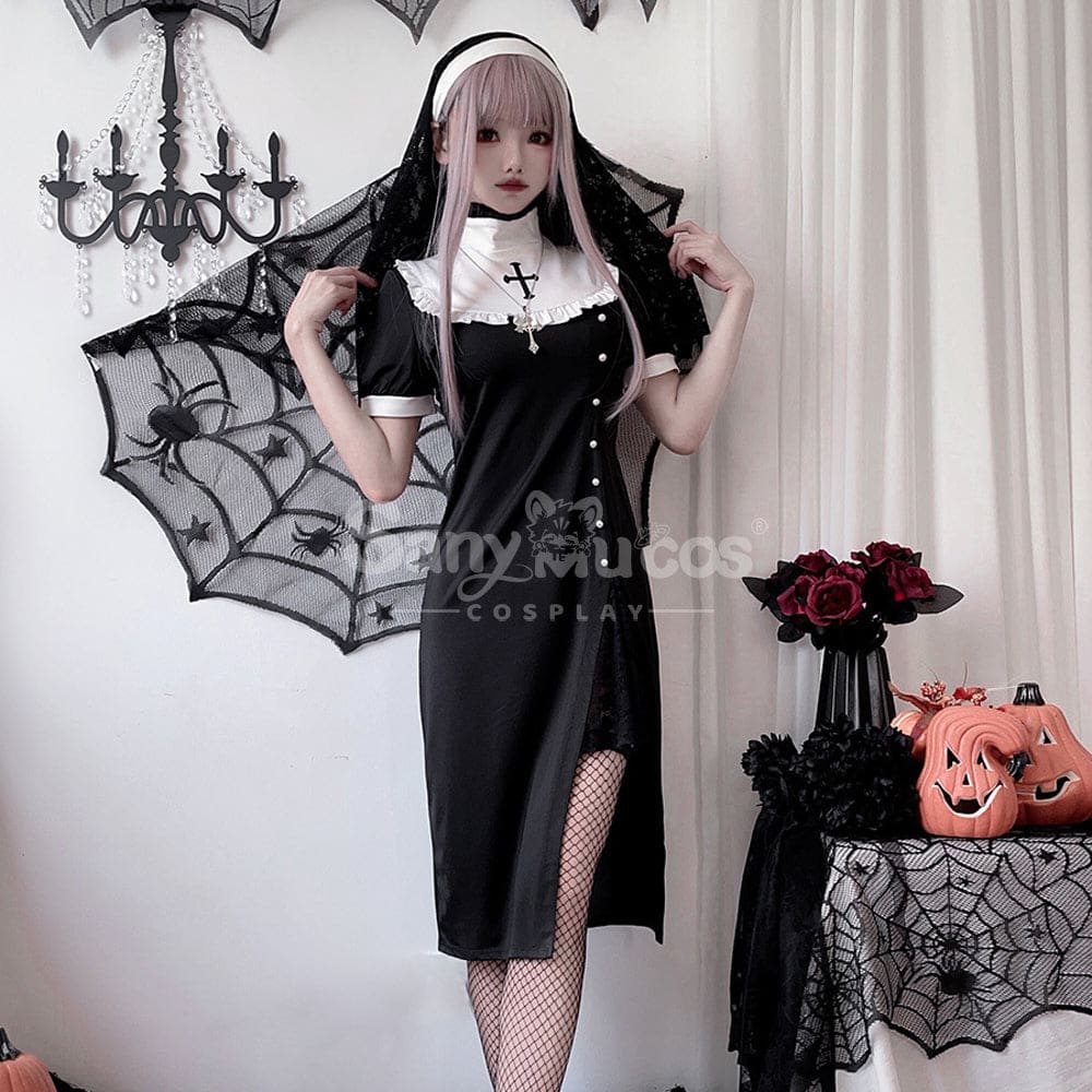 【In Stock】Halloween Cosplay Nun Gothic Black Dress Stage Performance Costume Costumes