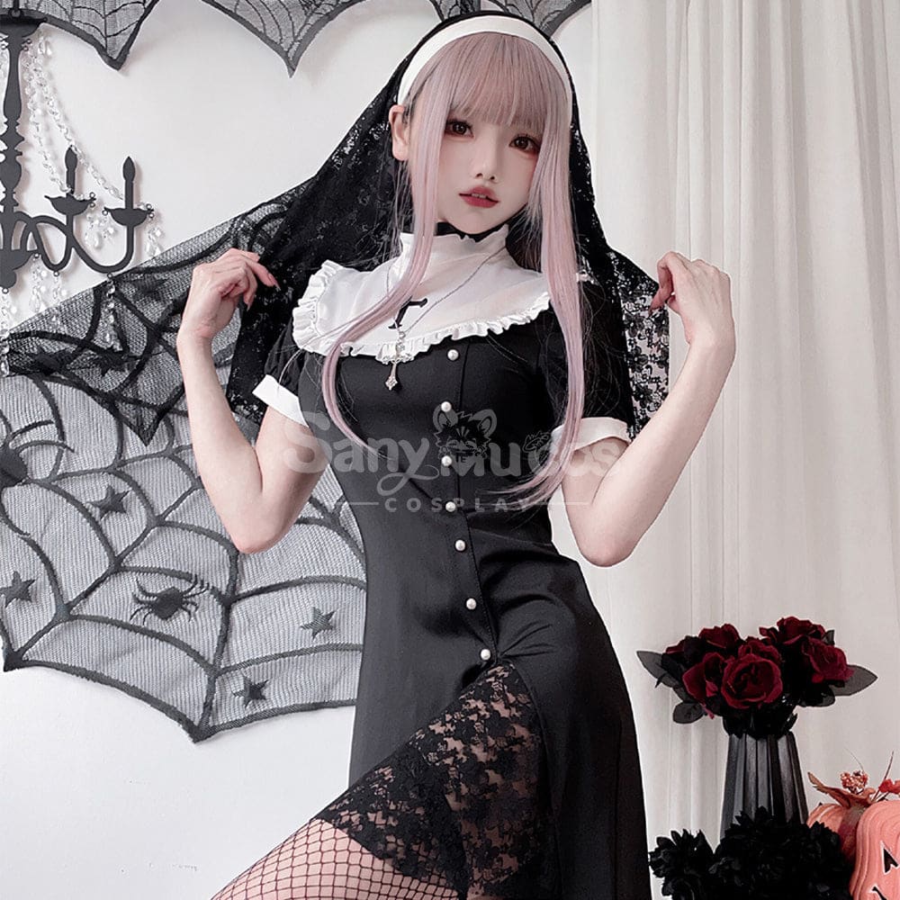 【In Stock】Halloween Cosplay Nun Gothic Black Dress Stage Performance Costume Costumes