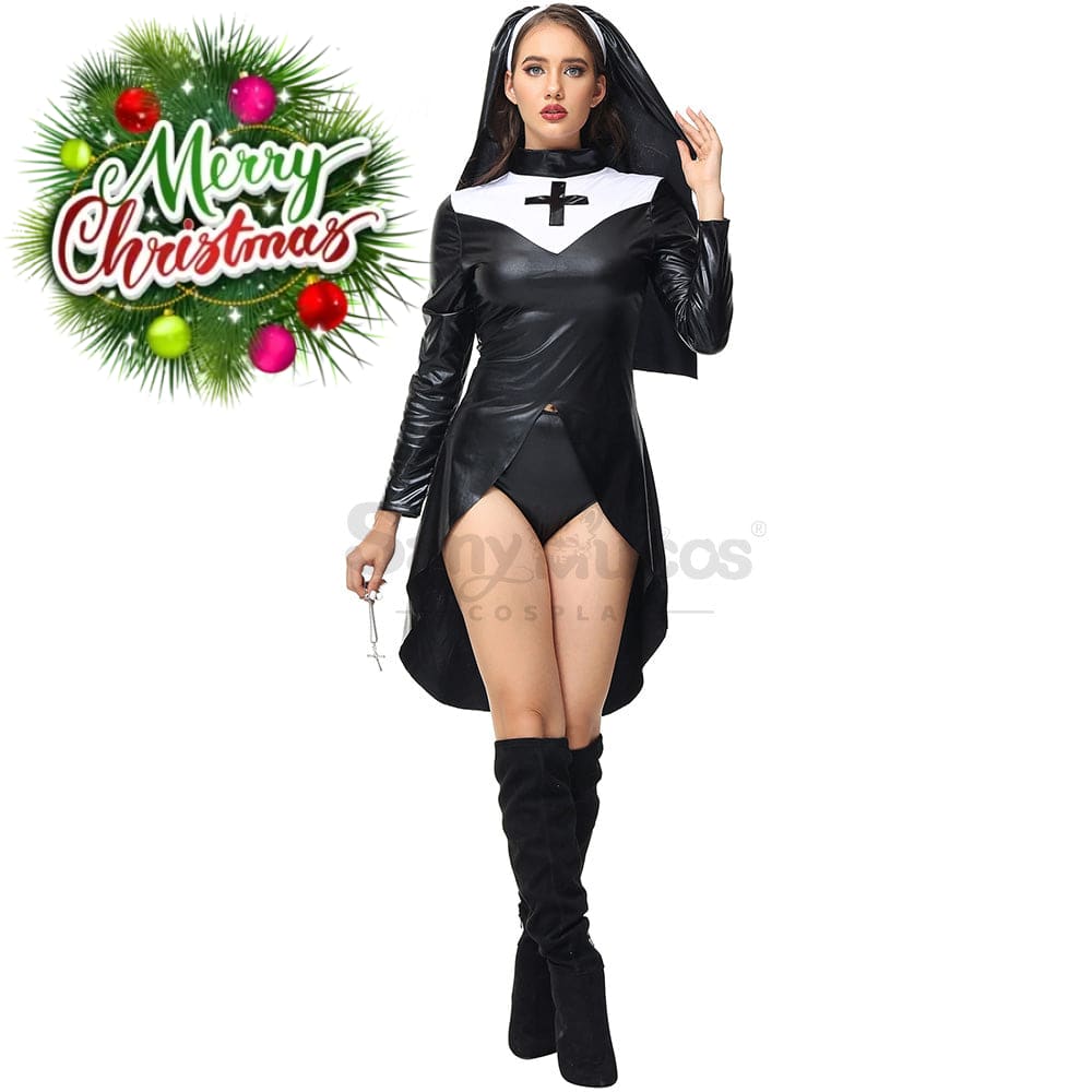 【In Stock】Halloween Cosplay Nun Leather Suit Costume Costumes