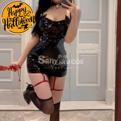 【In Stock】Sexy Cosplay Hot Girl Lingerie Mesh Splicing Suspenders Pu Bright Leather Ultra-Short