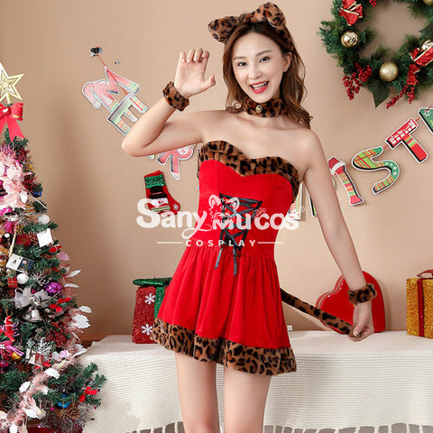 【In Stock】Christmas Cosplay Leopard Print Red Dress Costume Costumes