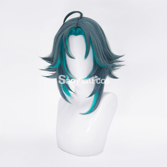 Game Genshin Impact Xiao Short Dark Green Blue Hair Cosplay Wig 1200